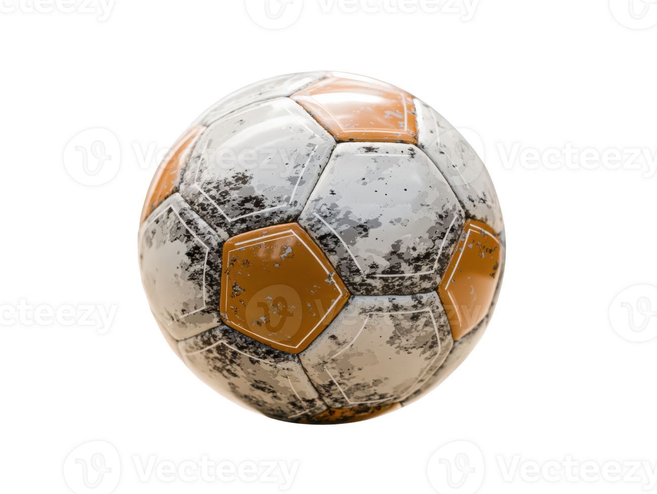 Worn soccer ball on display with unique texture and colors png
