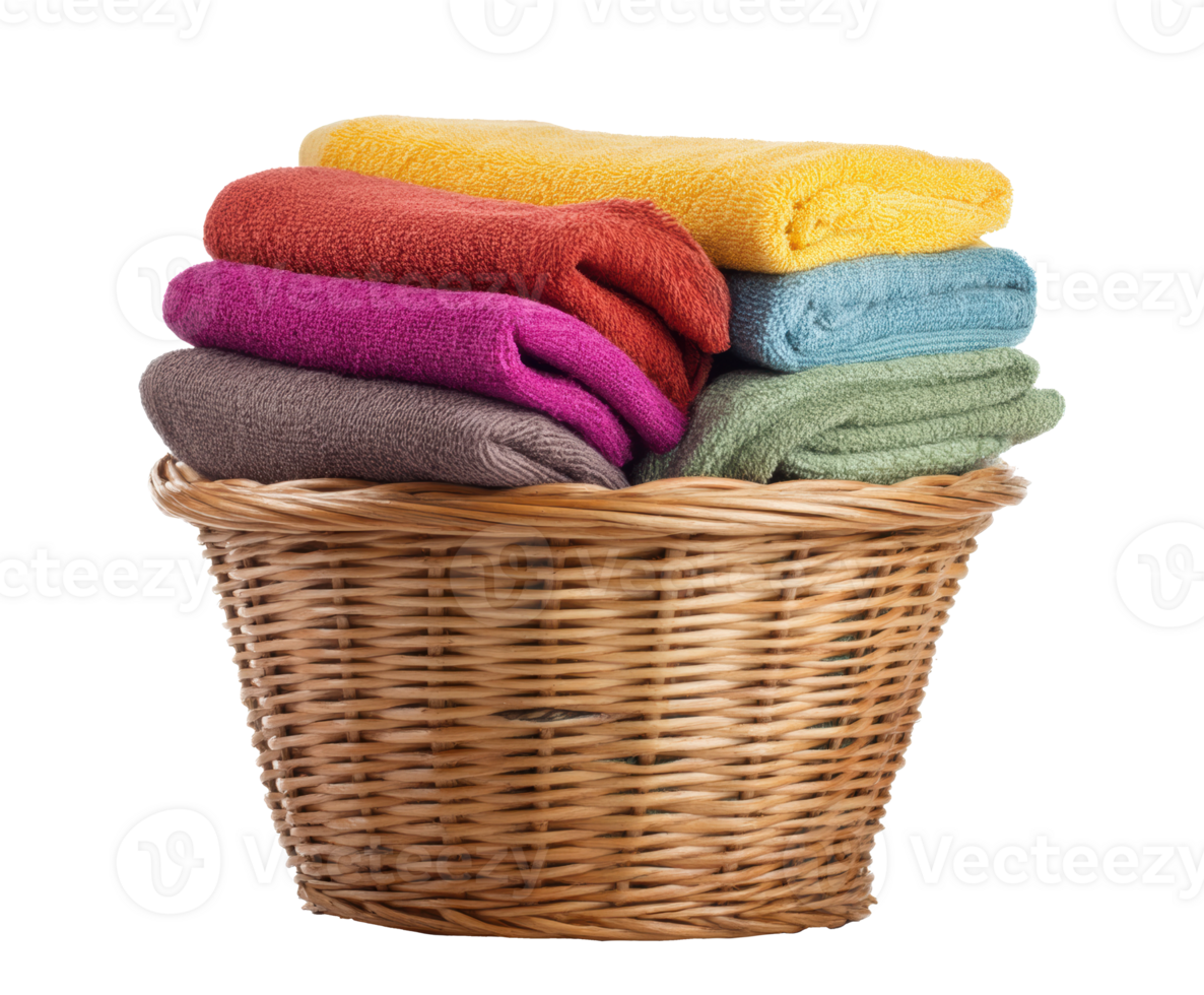 Colorful woven basket filled with soft towels for home decor png