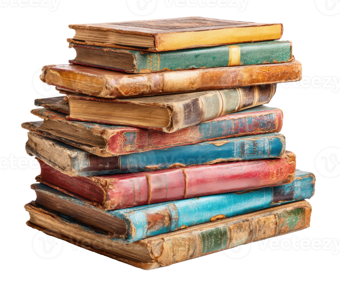 Stack of vintage worn books for reading and decor png