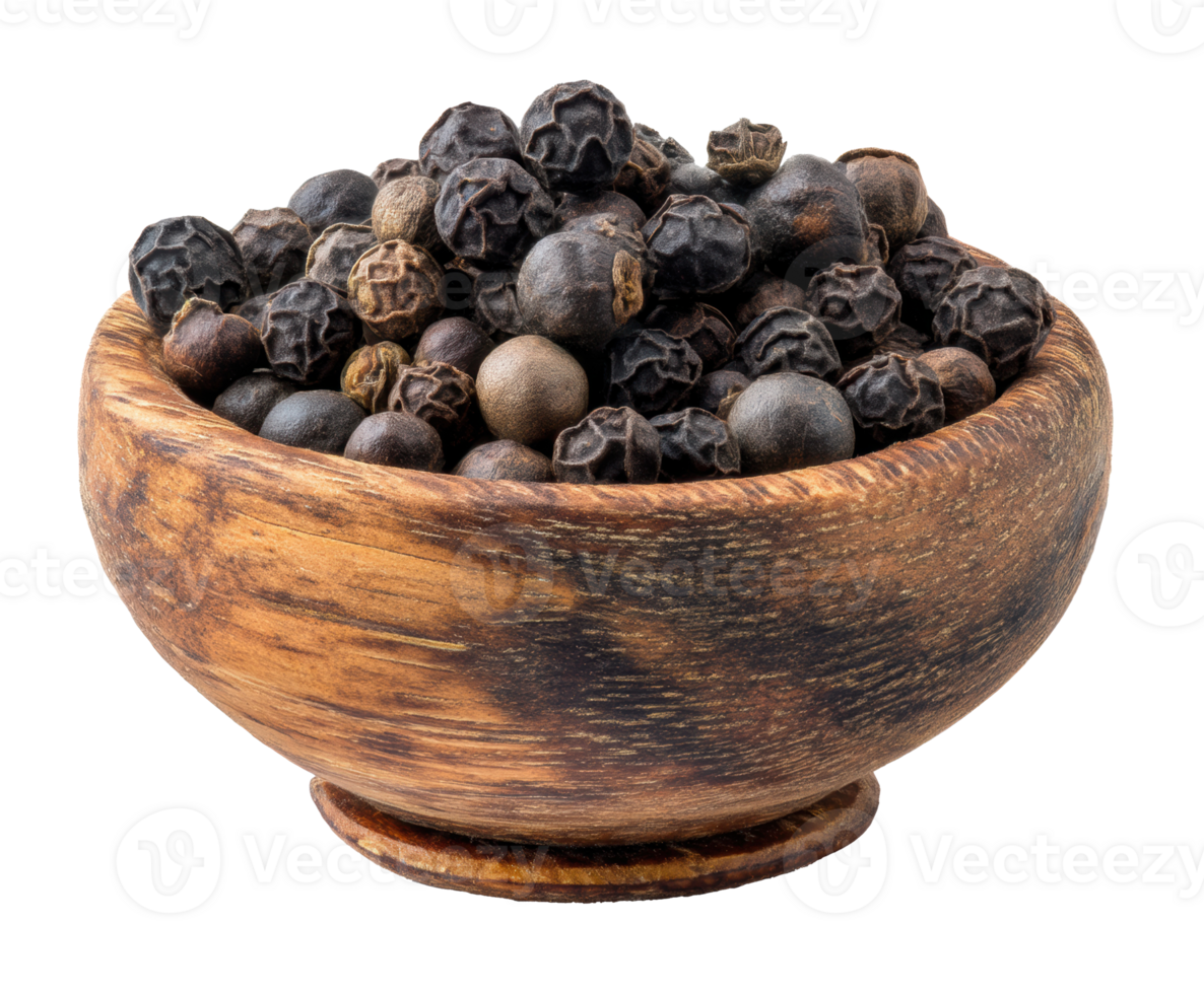 Black pepper in wooden bowl for cooking and seasoning png