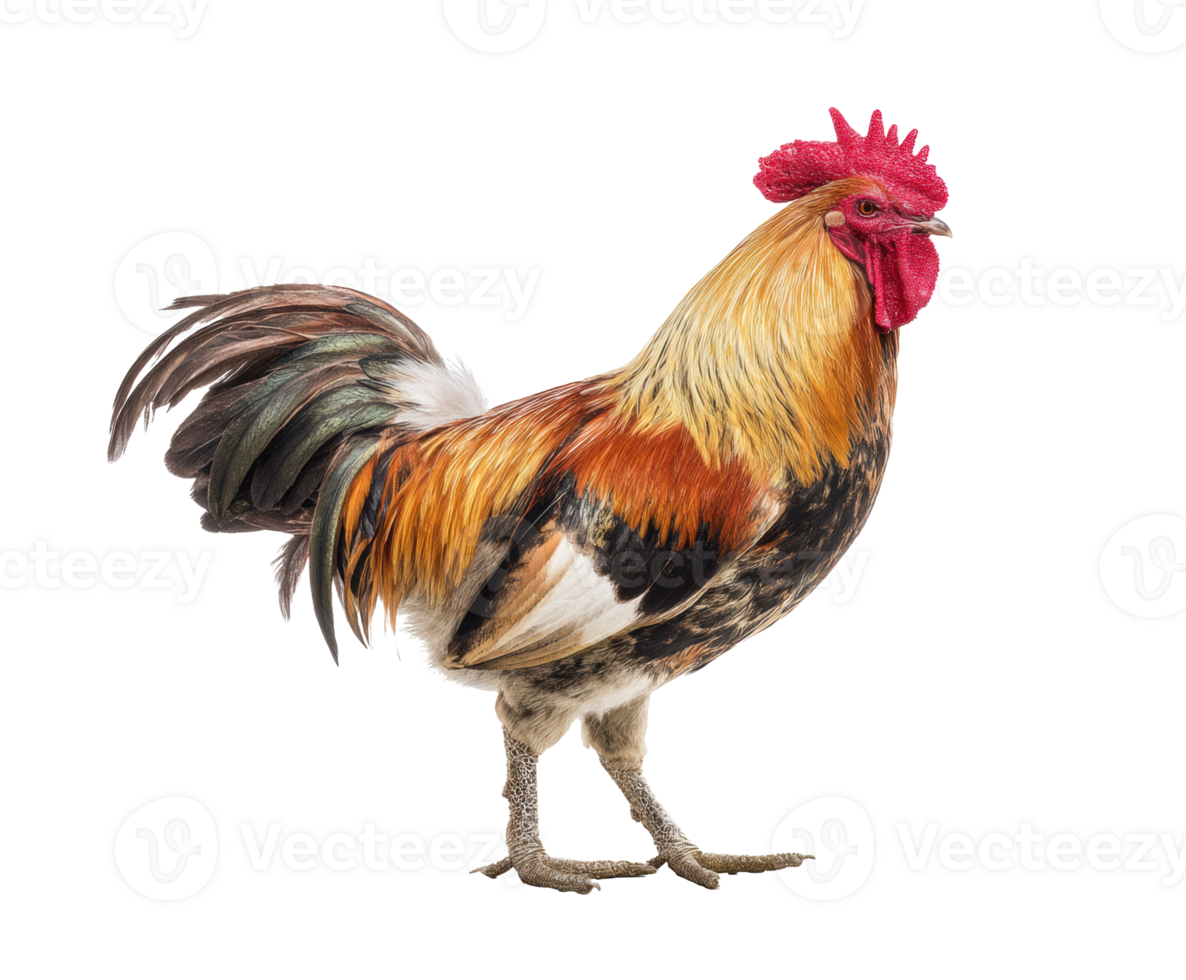 Colorful rooster standing proudly on farmyard ground png