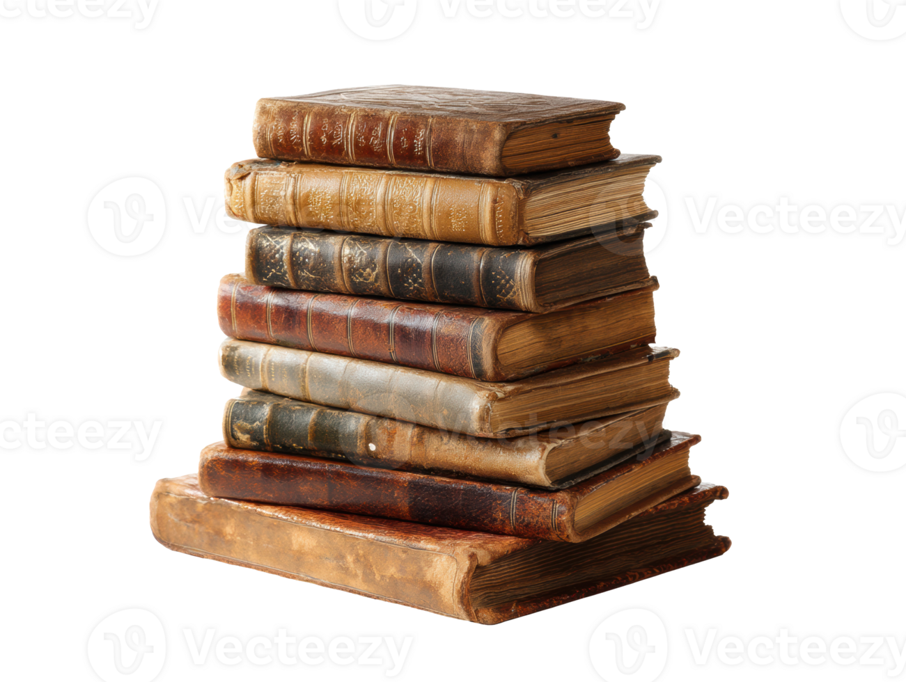 Vintage leather bound books stacked for reading and display png