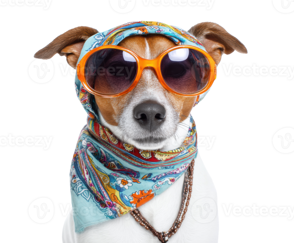 Stylish dog with sunglasses and scarf showing playful personality png