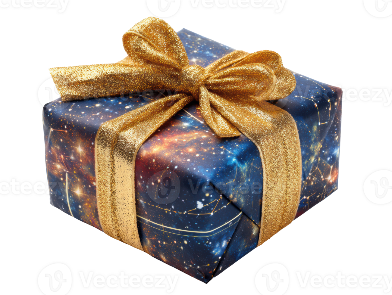 Unique gift box wrapped in cosmic themed paper with gold ribbon png
