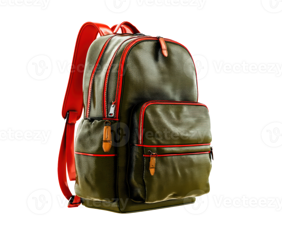 Stylish olive green backpack with red accents for everyday use png