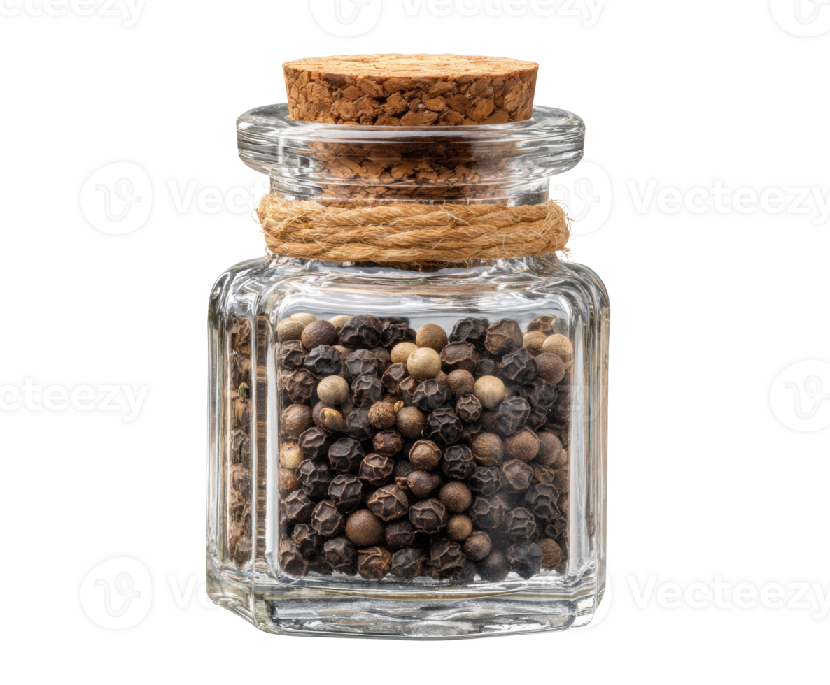 Black and white peppercorns in a glass jar for cooking png