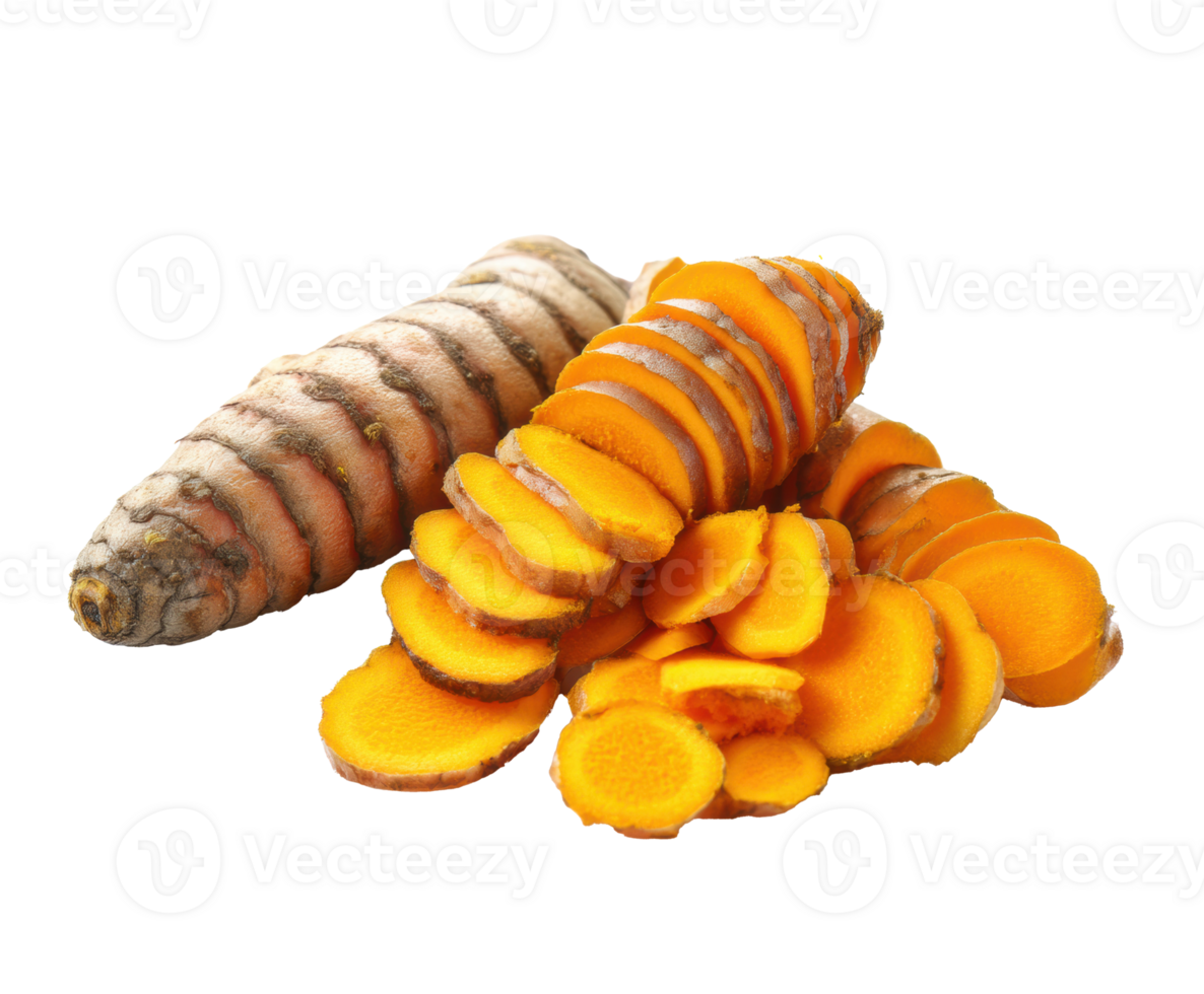 Fresh turmeric root with sliced pieces for culinary use png