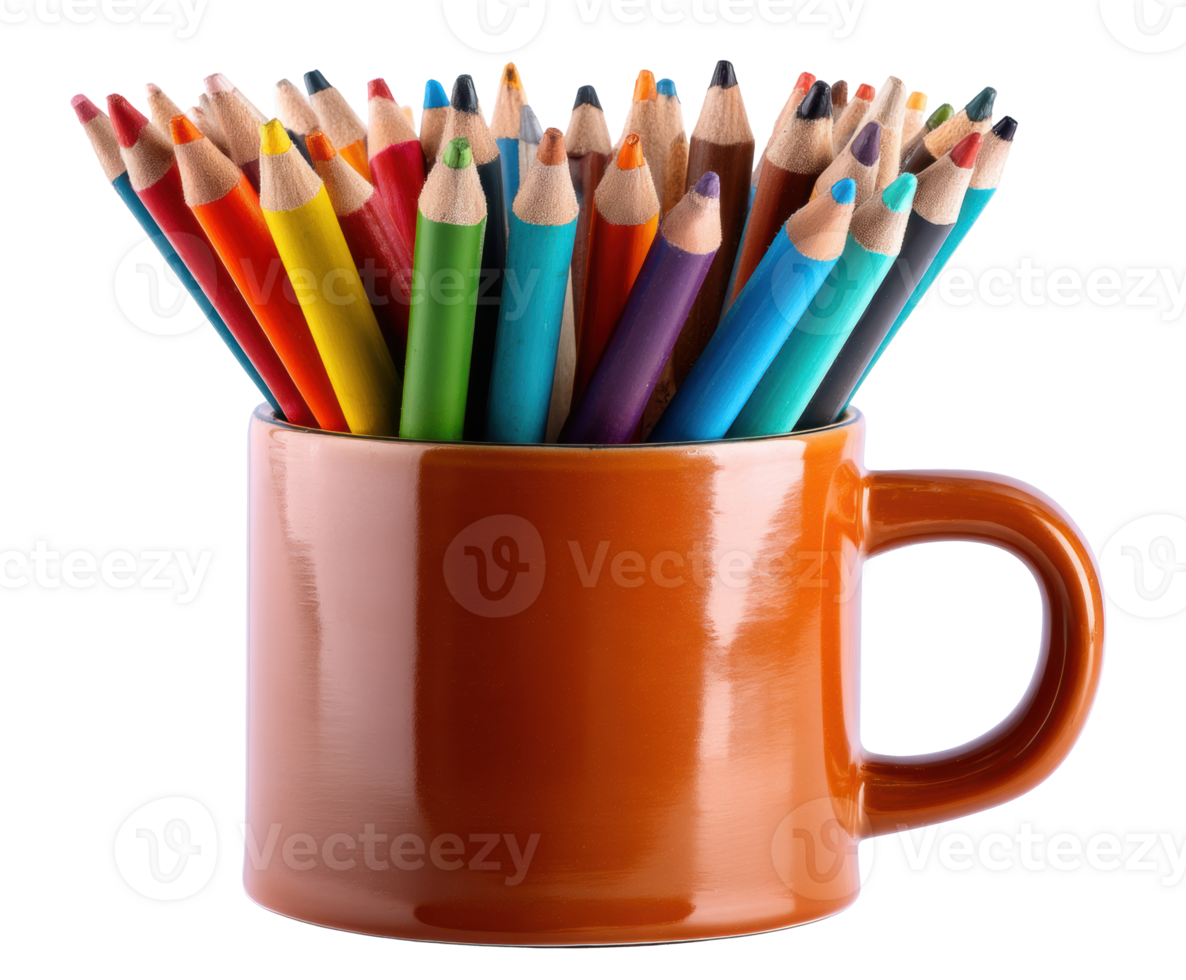 Colorful pencils in an orange mug for creative projects png