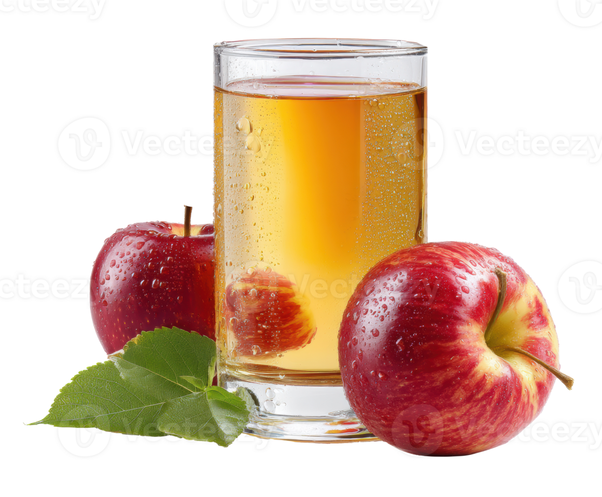 Refreshing apple juice with ripe red apples and green leaves png