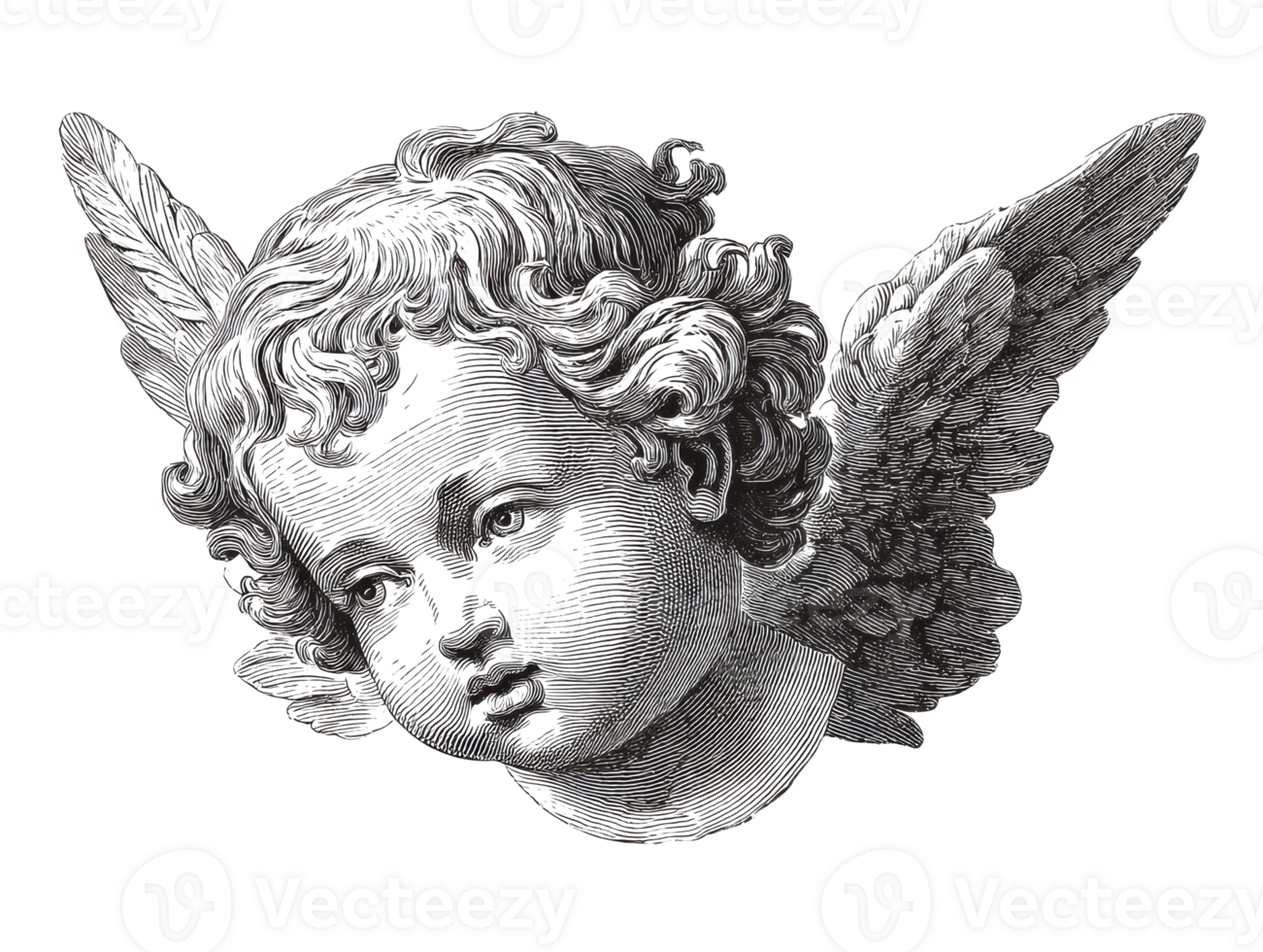 Cherubic angel head with detailed features and soft curls png