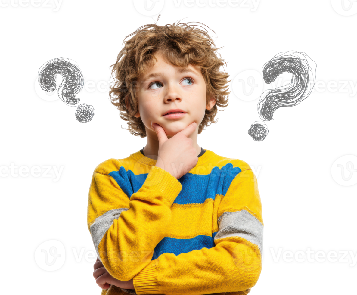 Curious child pondering a question with hand on chin png