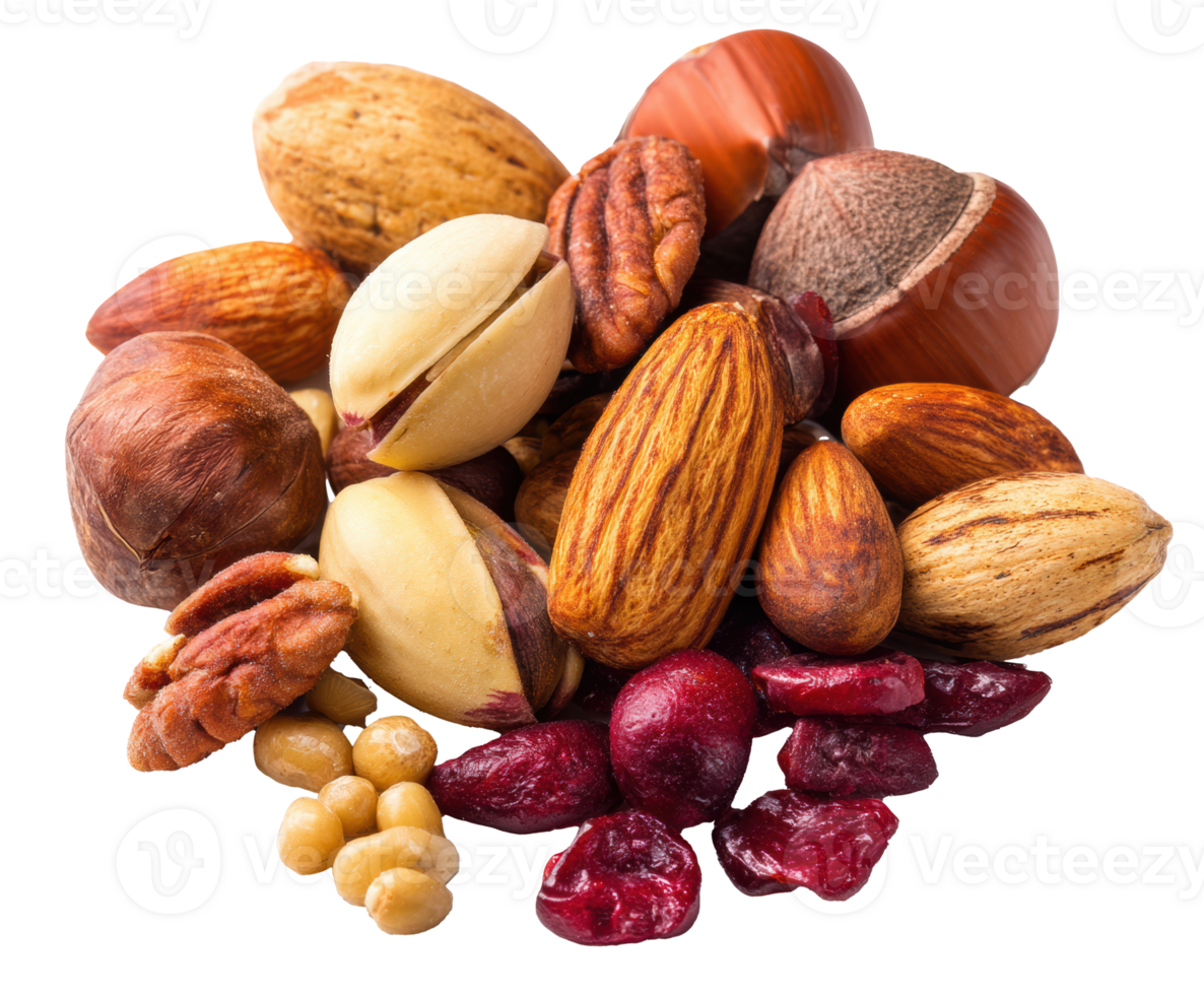 Healthy mix of nuts and dried fruits for snack ideas and recipes png