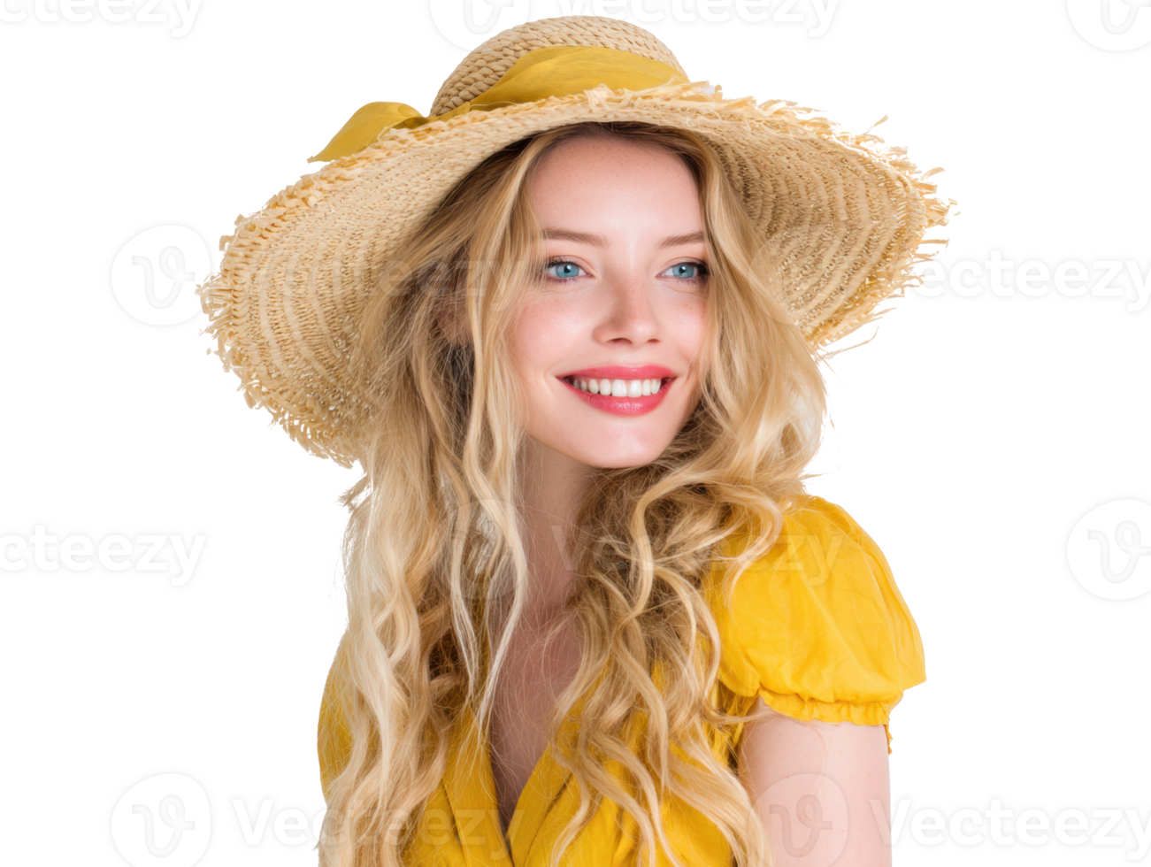 Cheerful woman in a straw hat and yellow dress png