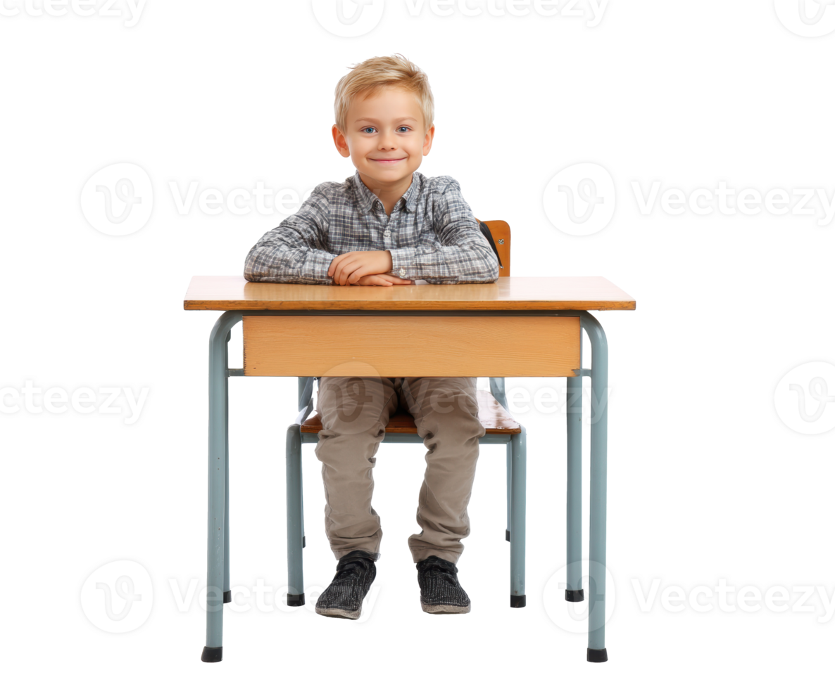 Happy child sitting at a school desk ready for learning png
