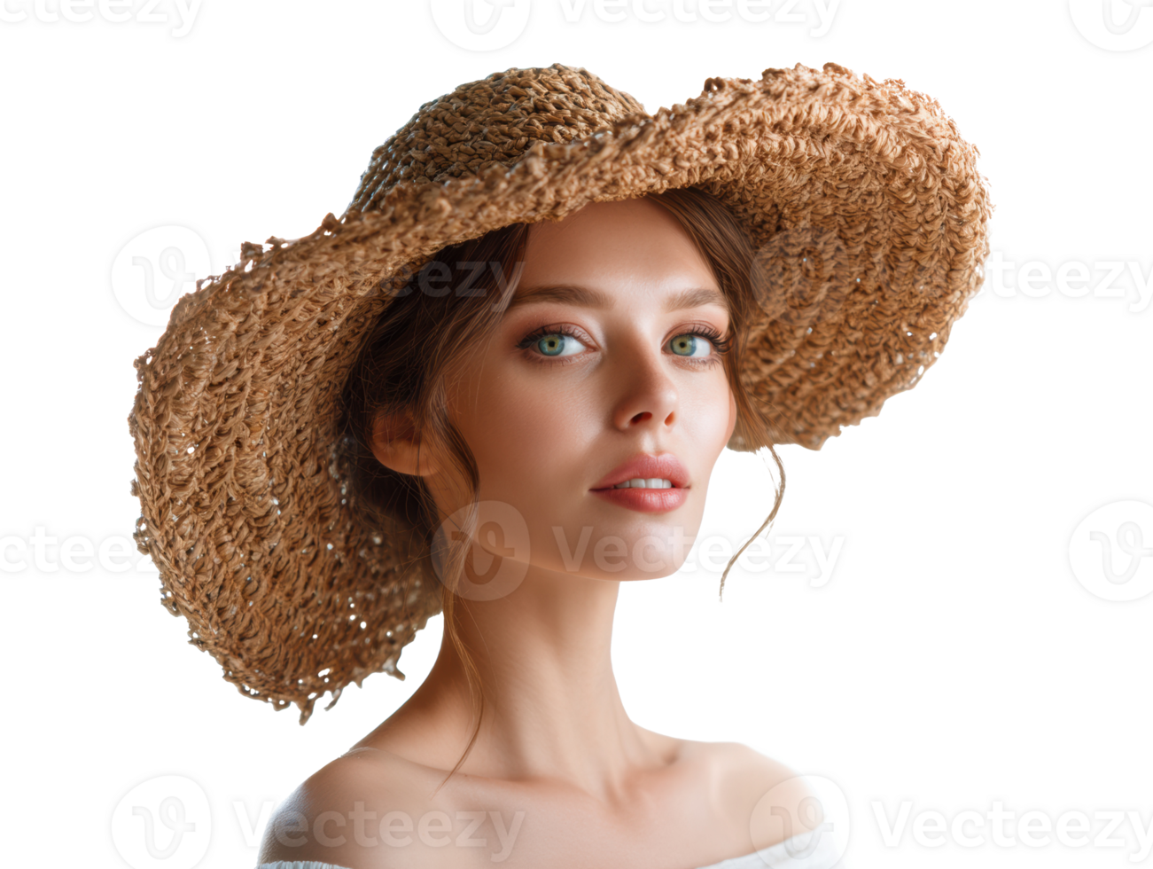 Woman wearing a straw hat with natural makeup for summer vibes png