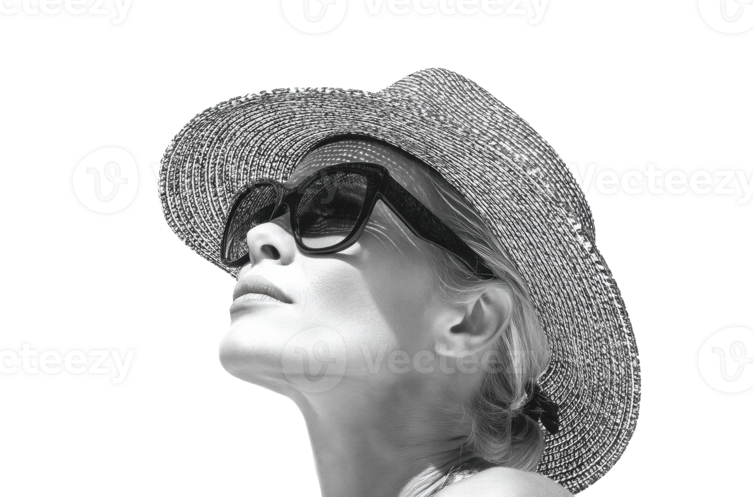 Chic woman in hat and shades savoring summer sun png