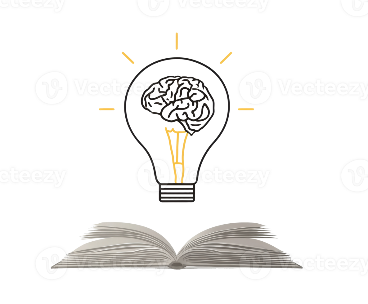 Bright idea concept with brain inside lightbulb over open book png