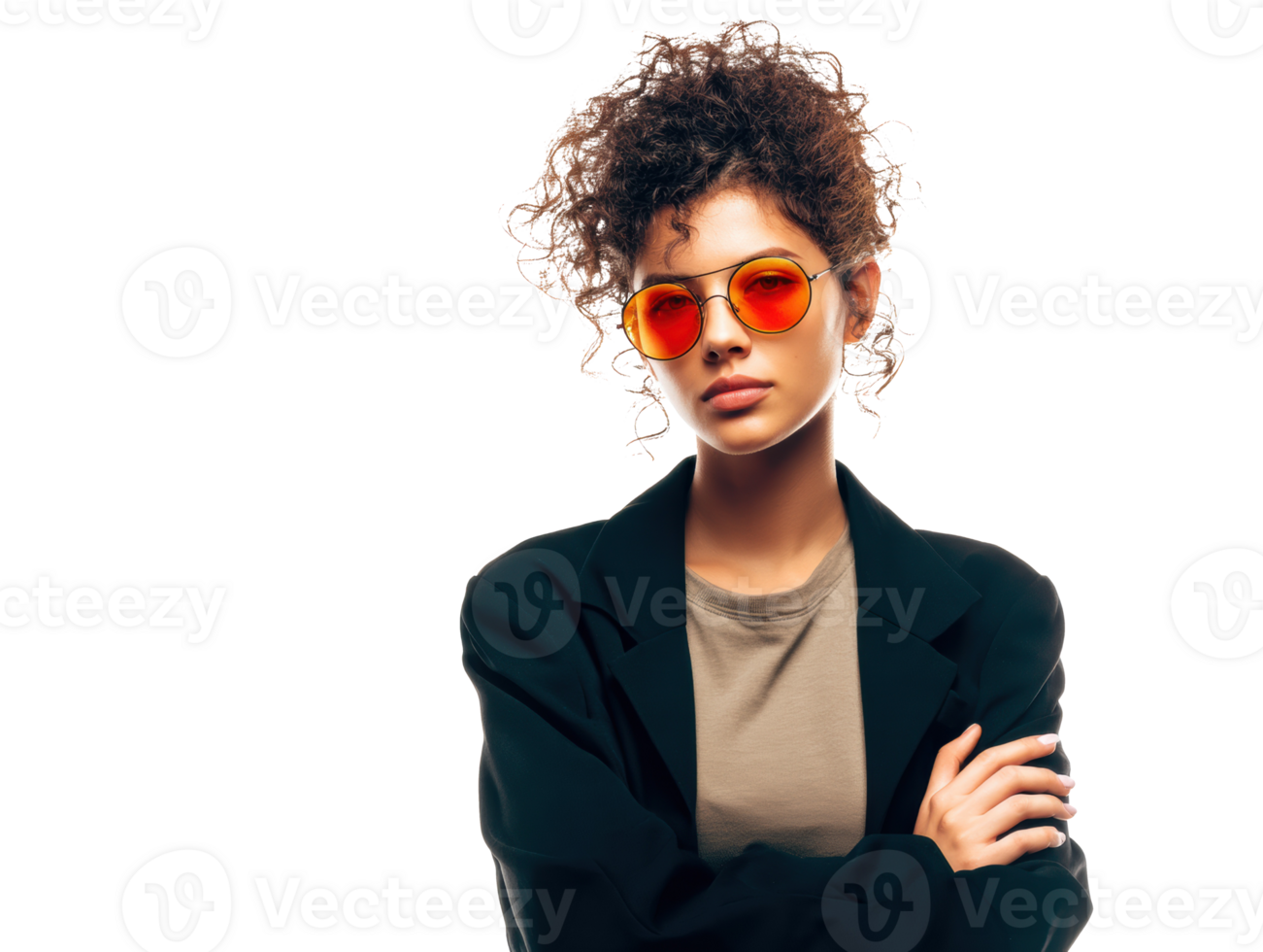 Curly-haired model in stylish sunglasses and black jacket png