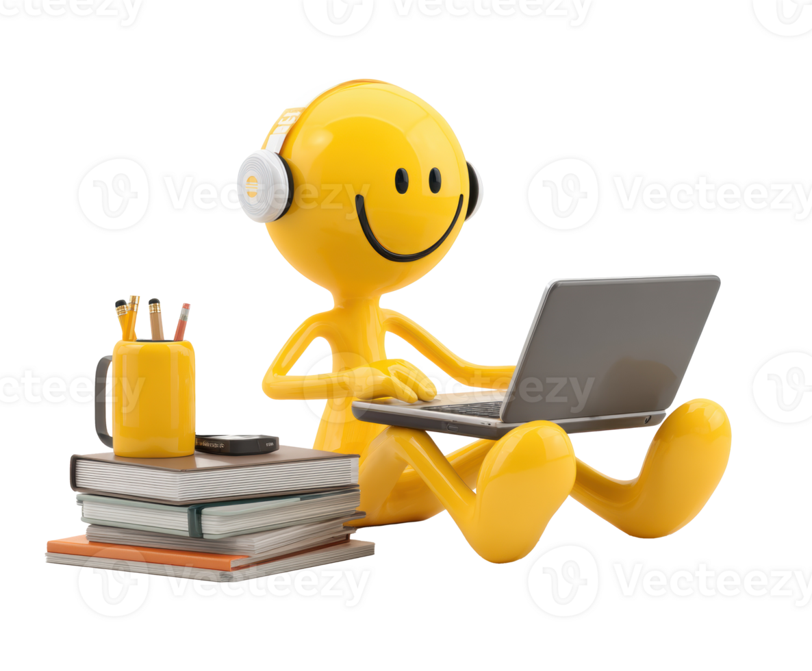 Happy character working on laptop with school supplies nearby png