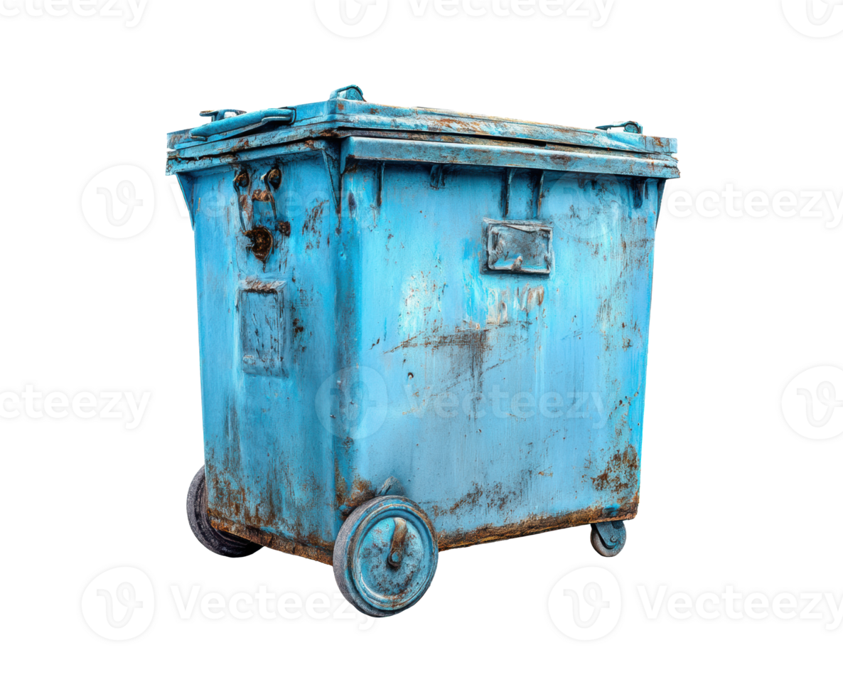 Old blue trash container with rust and wheels for disposal png
