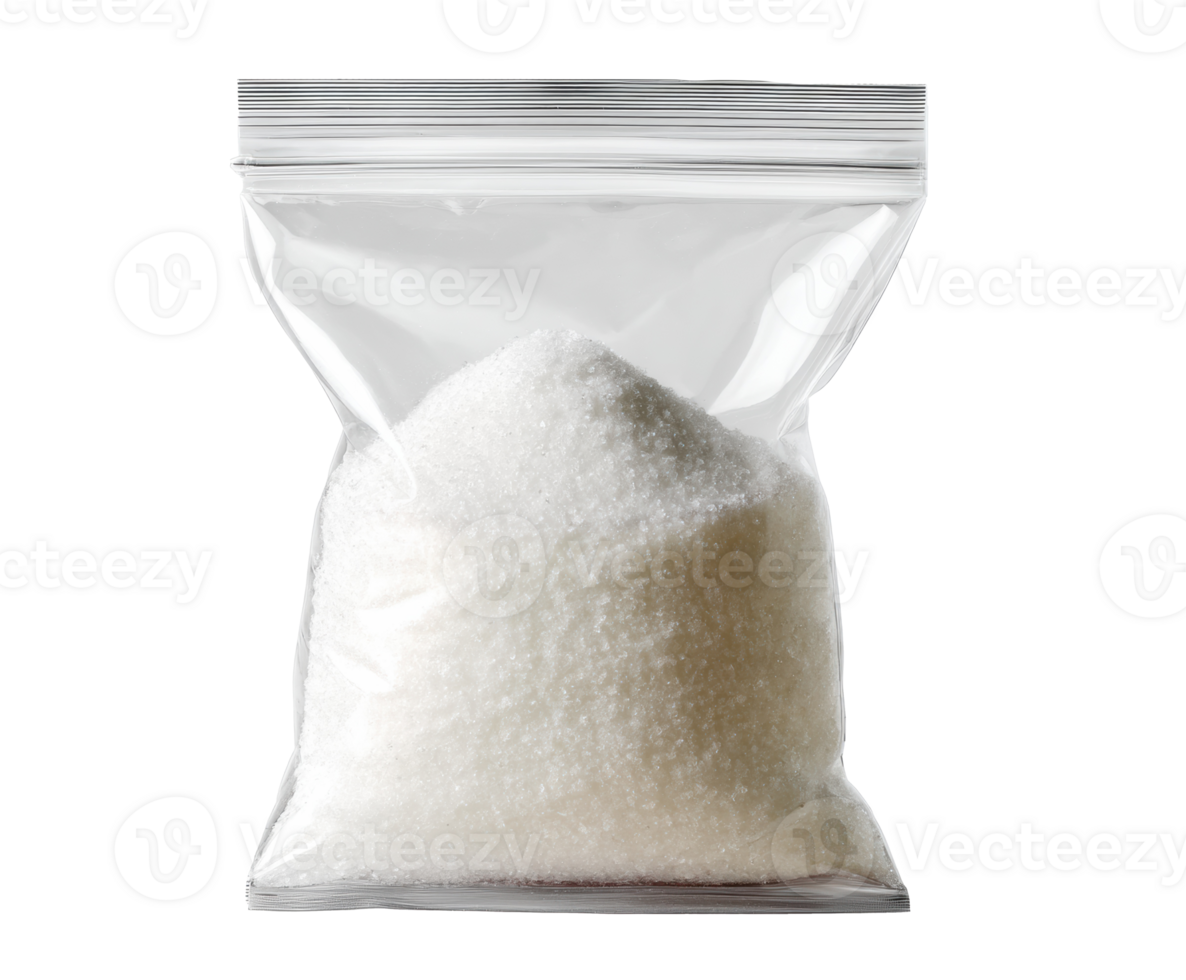 Clear bag containing white sugar for baking and cooking png