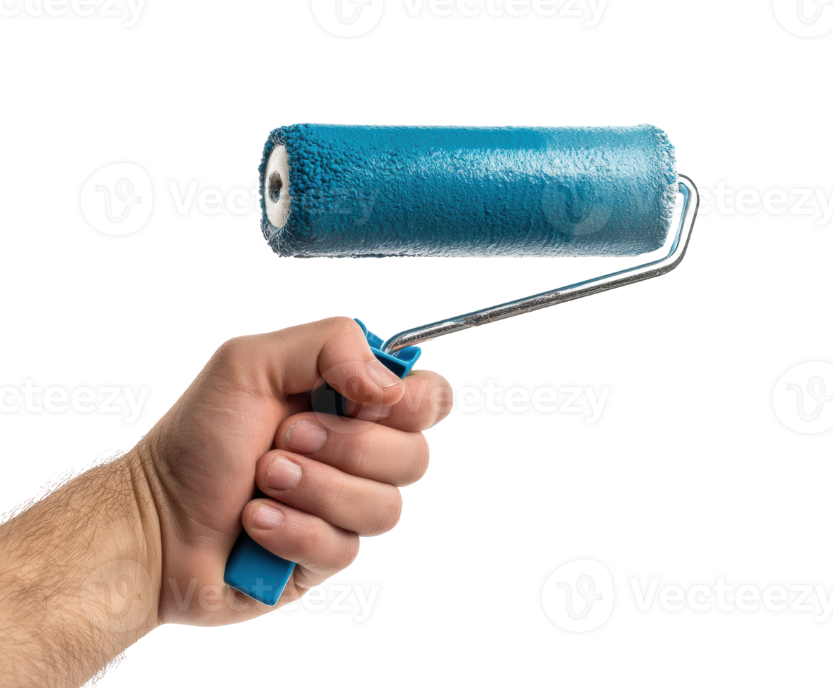 Hand with blue paint roller for home renovation png