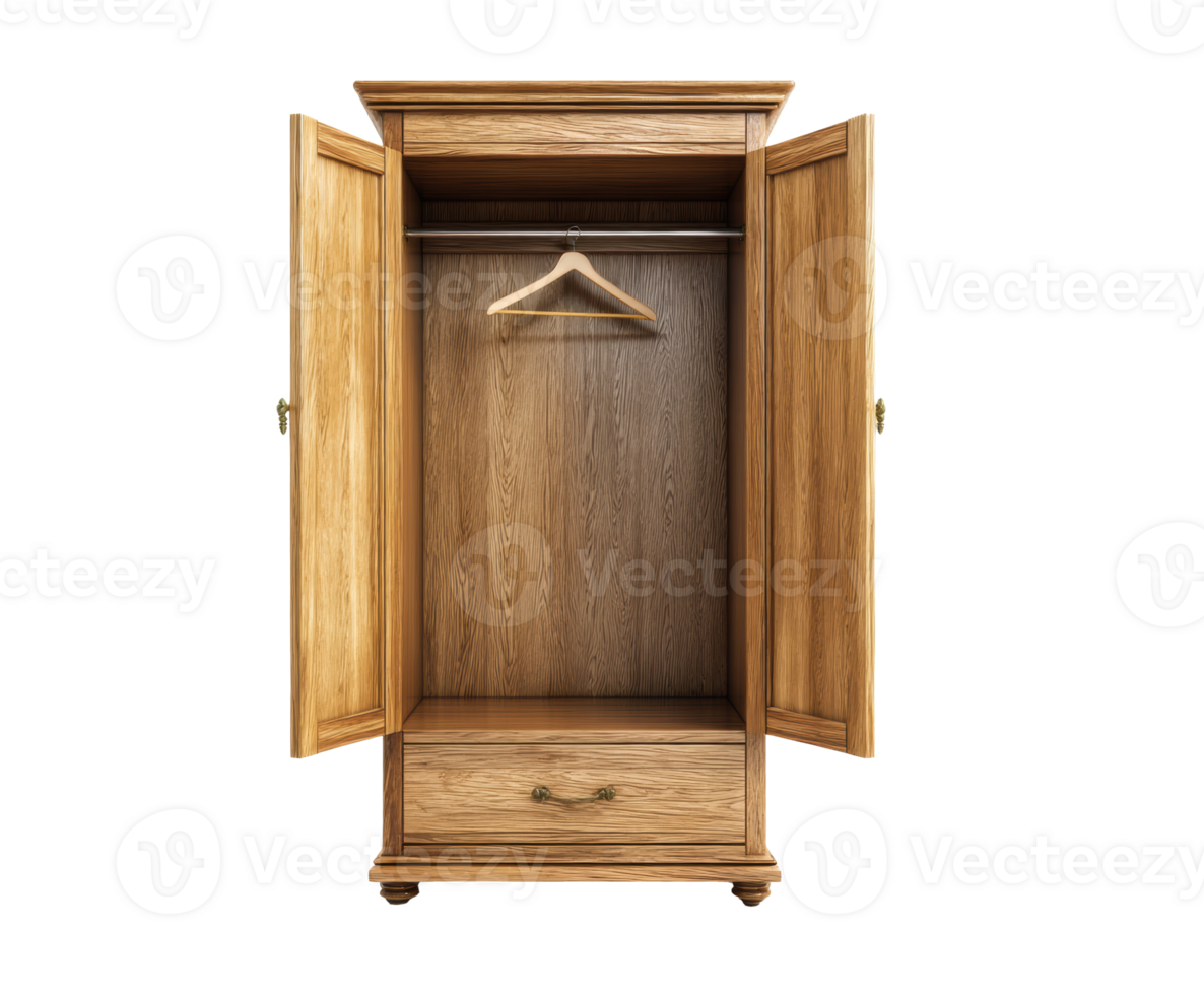 Wooden wardrobe with open doors and a hanger inside png