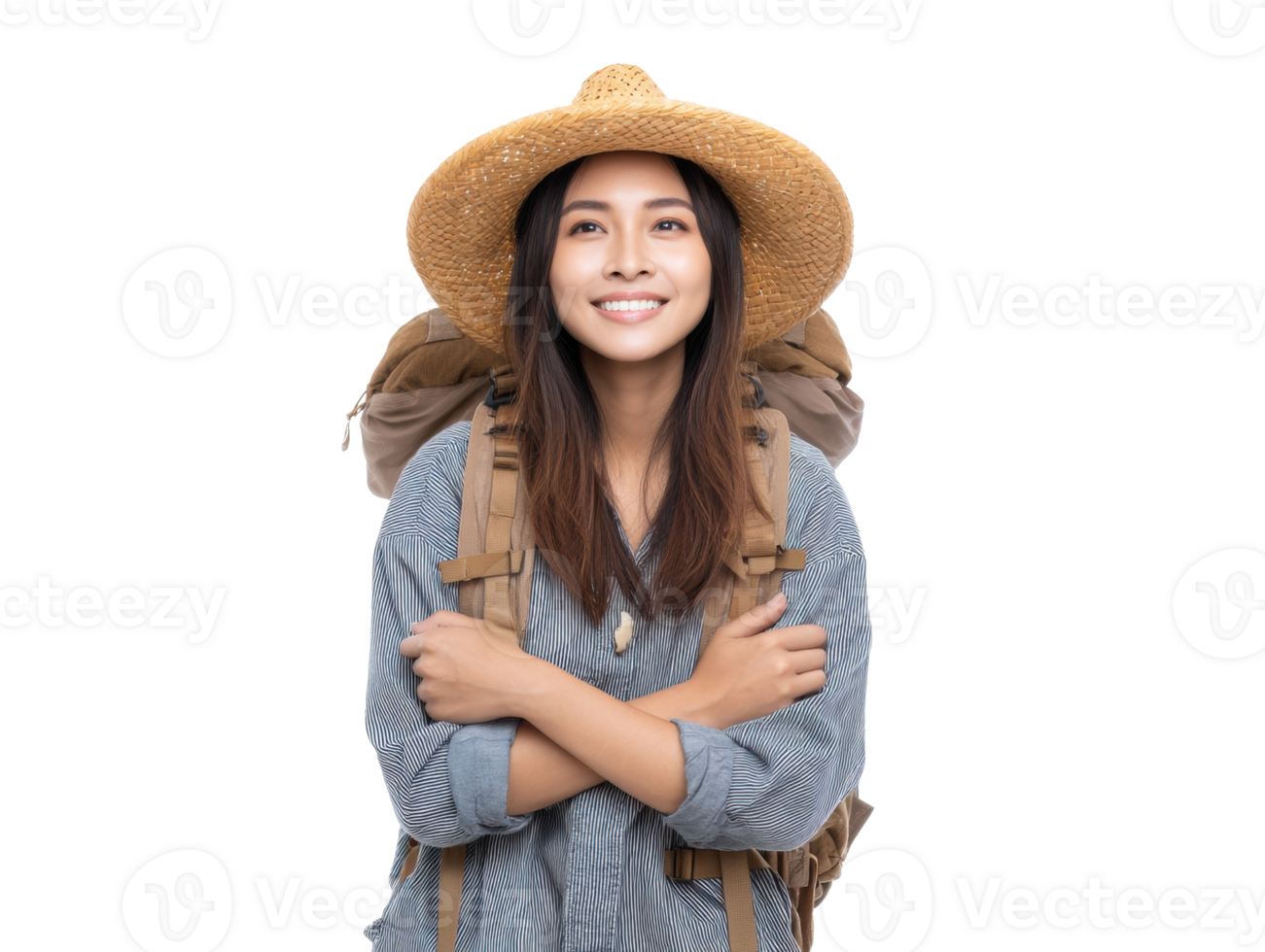 Happy traveler with backpack and straw hat ready for adventure png