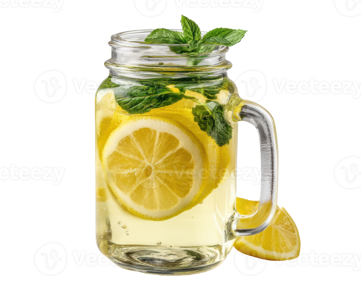 Refreshing lemon and mint drink in a glass jar with lemon slices png