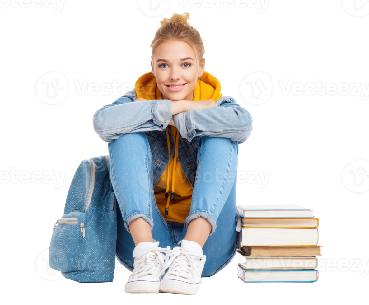 Student enjoying a break with books and backpack on casual day png