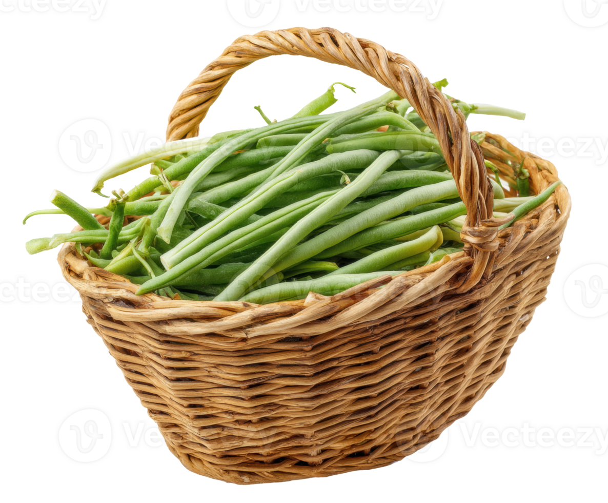 Fresh green beans in a woven basket ready for cooking png