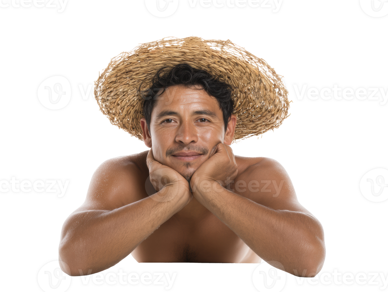 Cheerful man with straw hat posing for casual portrait png