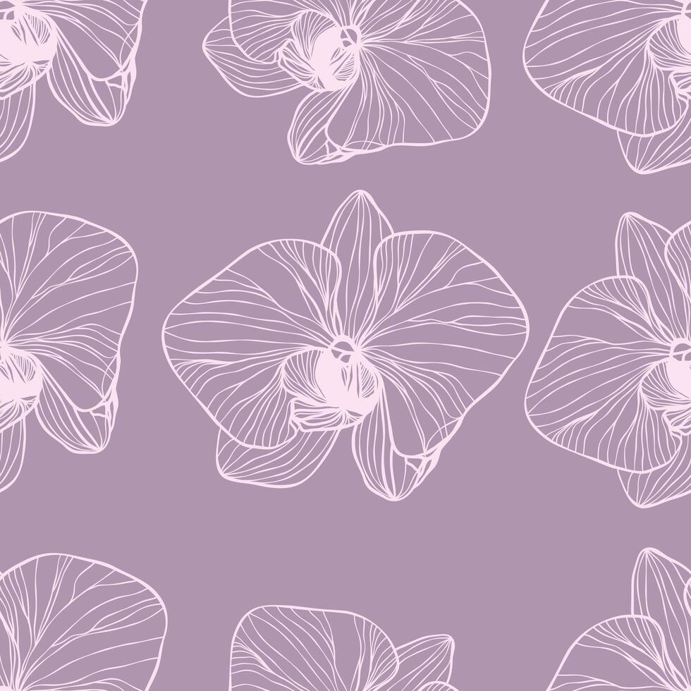 Pattern with pink flowers. Seamless pattern with orchids drawn in delicate line art on a soft purple background. vector