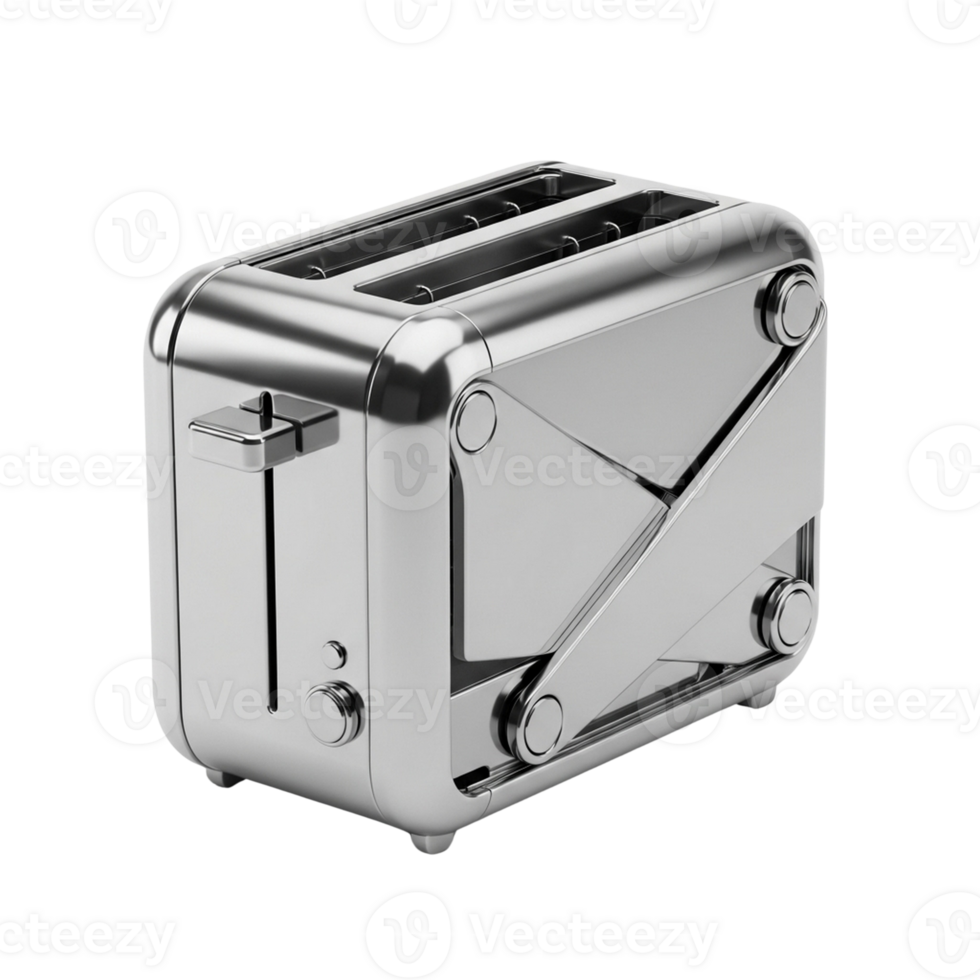 Sleek modern two slice stainless steel toaster with unique hinged design png