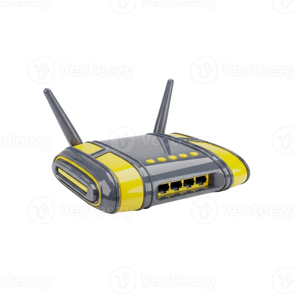 Modern gray and yellow wireless router with antennas png