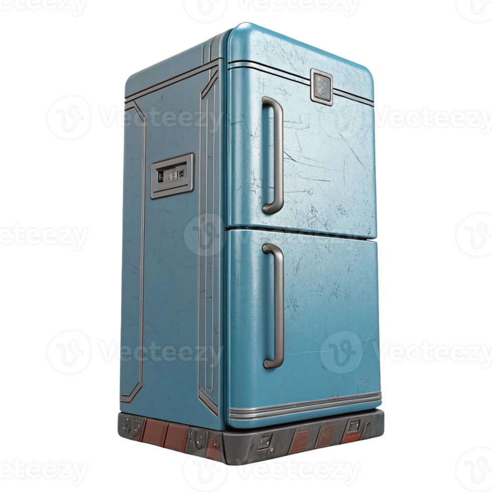 Retro futuristic refrigerator design scratched blue metal appliance png