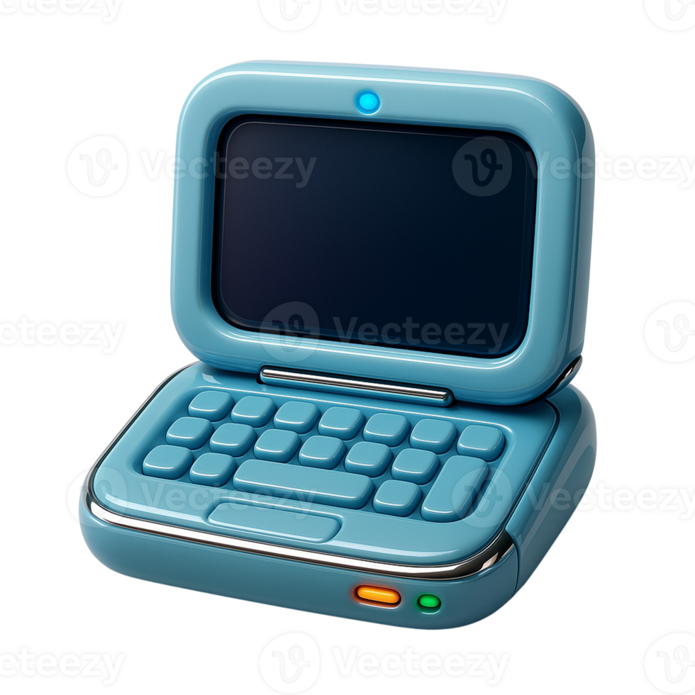Retro styled blue clamshell laptop computer digital rendering png