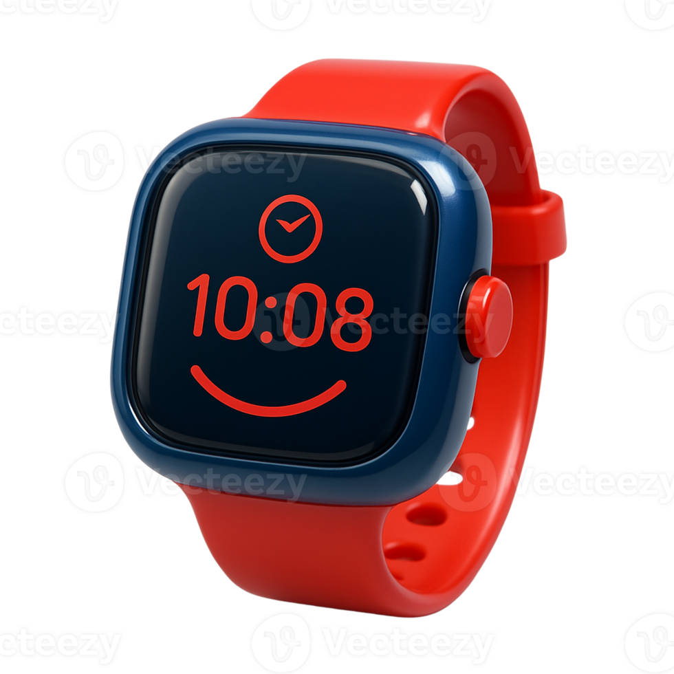 Red and blue smartwatch with smiley face displaying time png