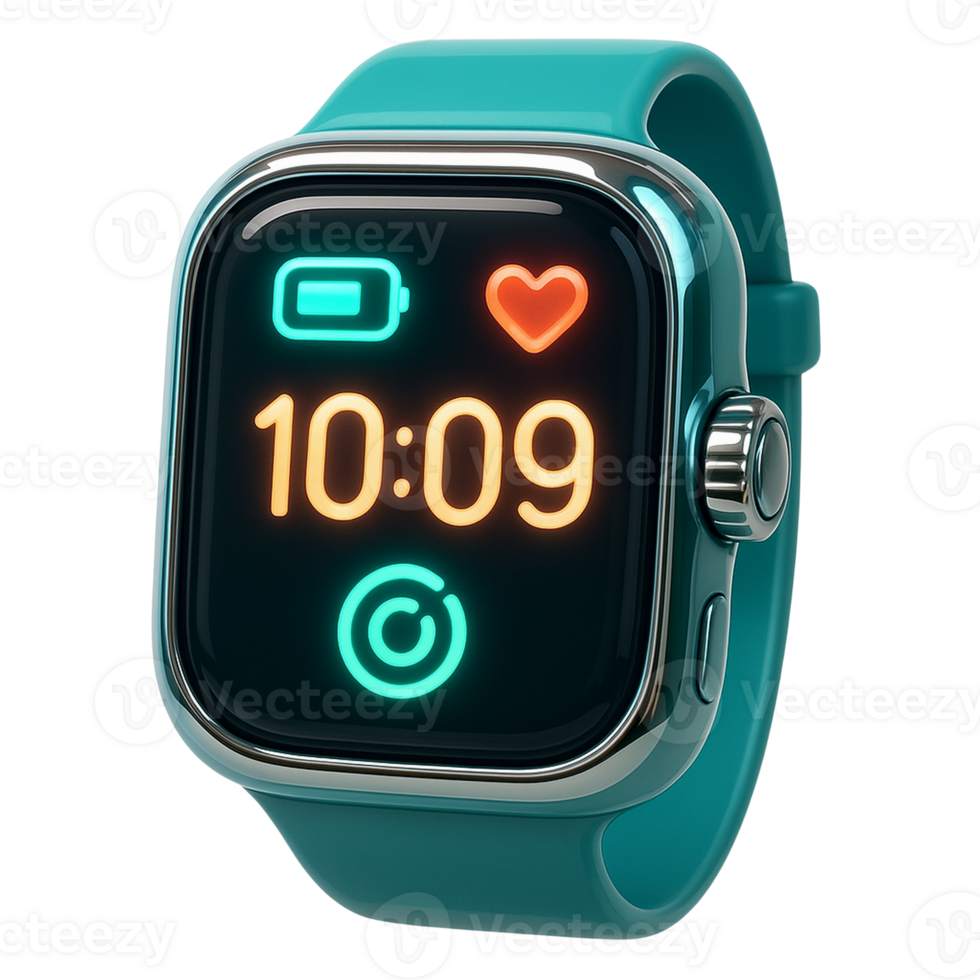 Teal smartwatch with neon display showing time heart rate and battery png