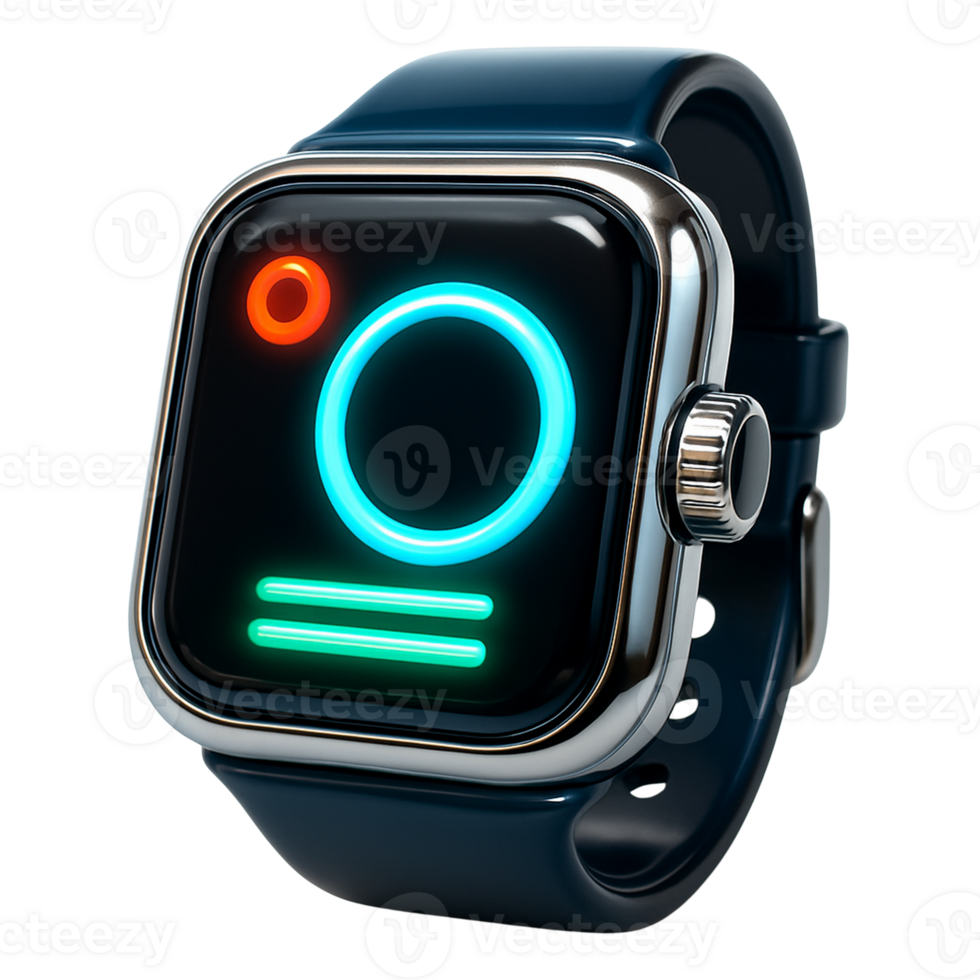 Sleek dark blue smartwatch with neon interface display png