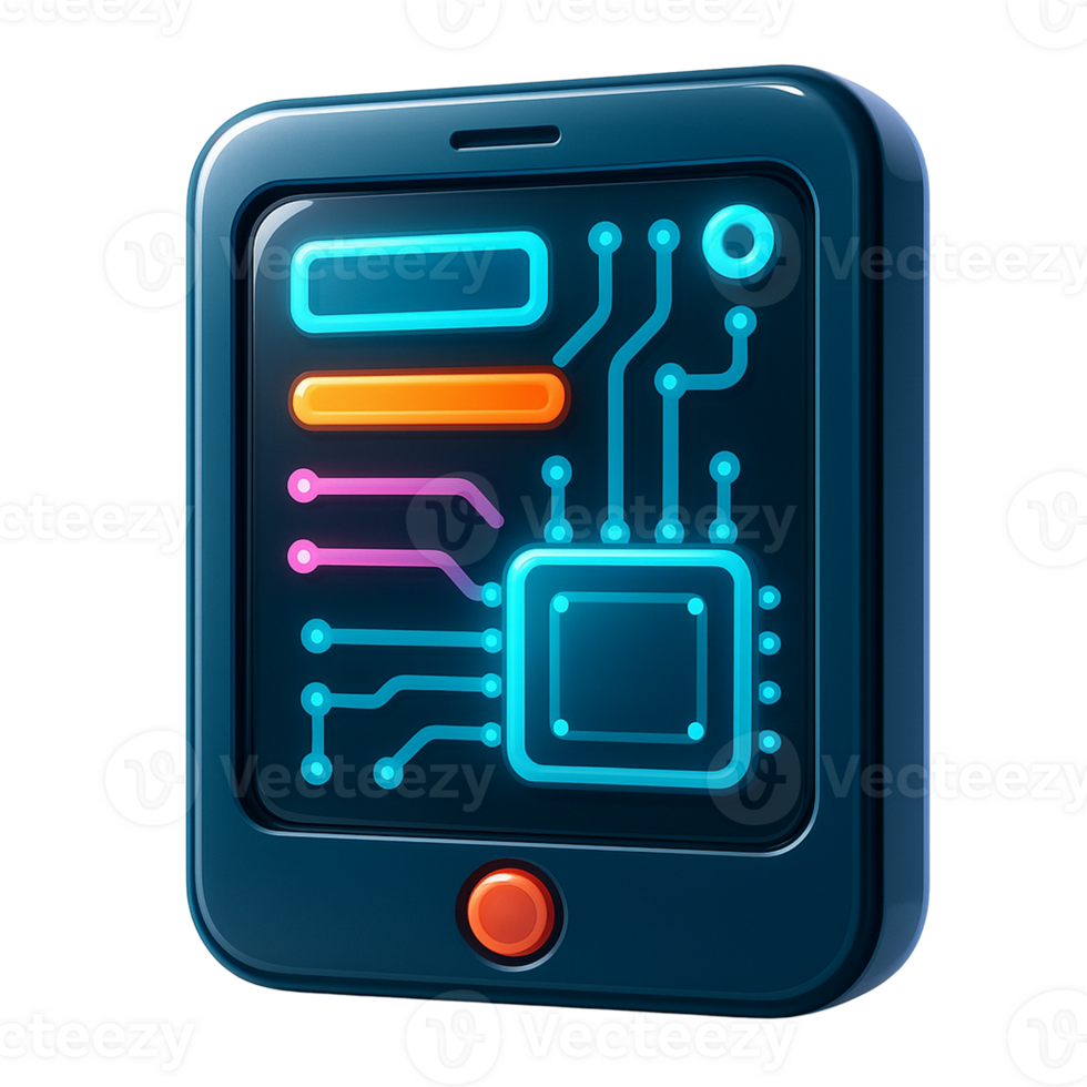 Stylized 3d render of a smartphone displaying internal circuitry png