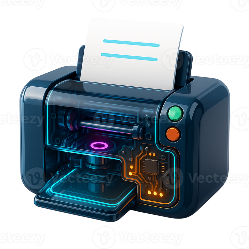 Futuristic printer design illustration with neon accents png