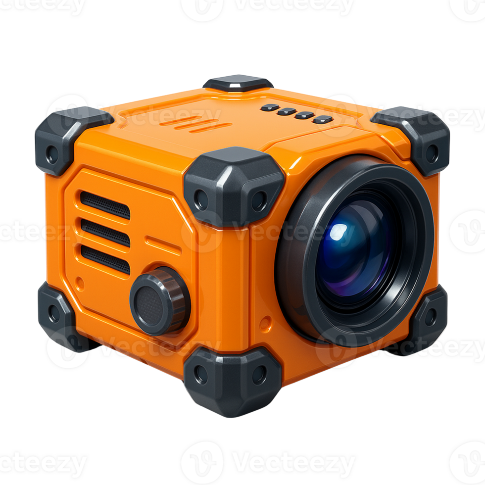 Compact orange cube action camera with robust design and high resolution lens png