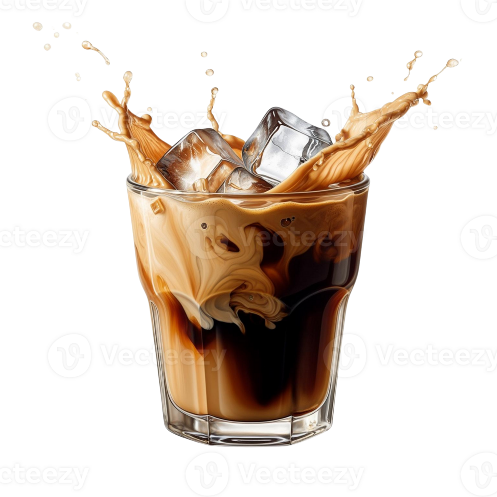Iced coffee with cream splash and ice cubes isolated on transparent background png