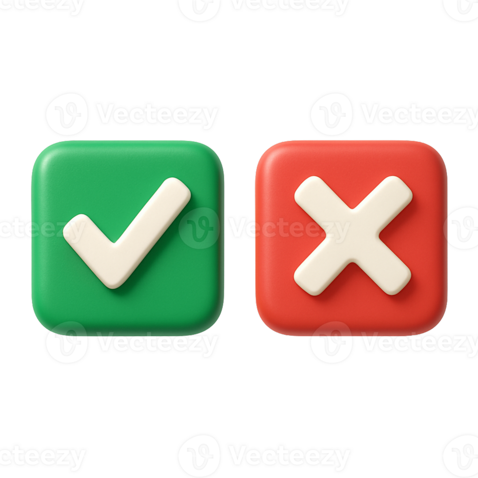 Green check mark and red cross symbols isolated on transparent background png