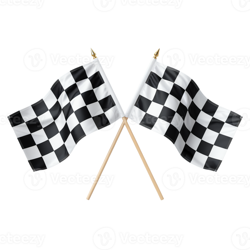 Two checkered racing flags crossed on wooden poles isolated on transparent background png