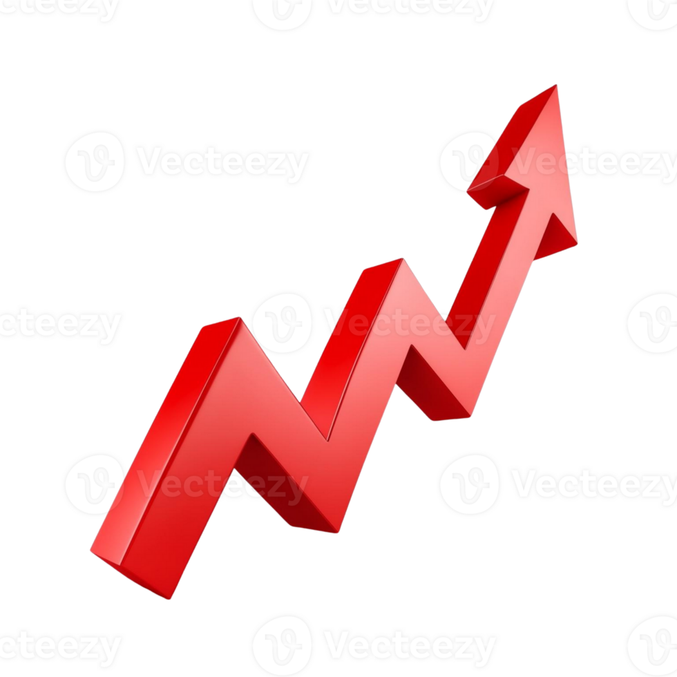 Red 3d arrow chart showing upward trend isolated on transparent background png