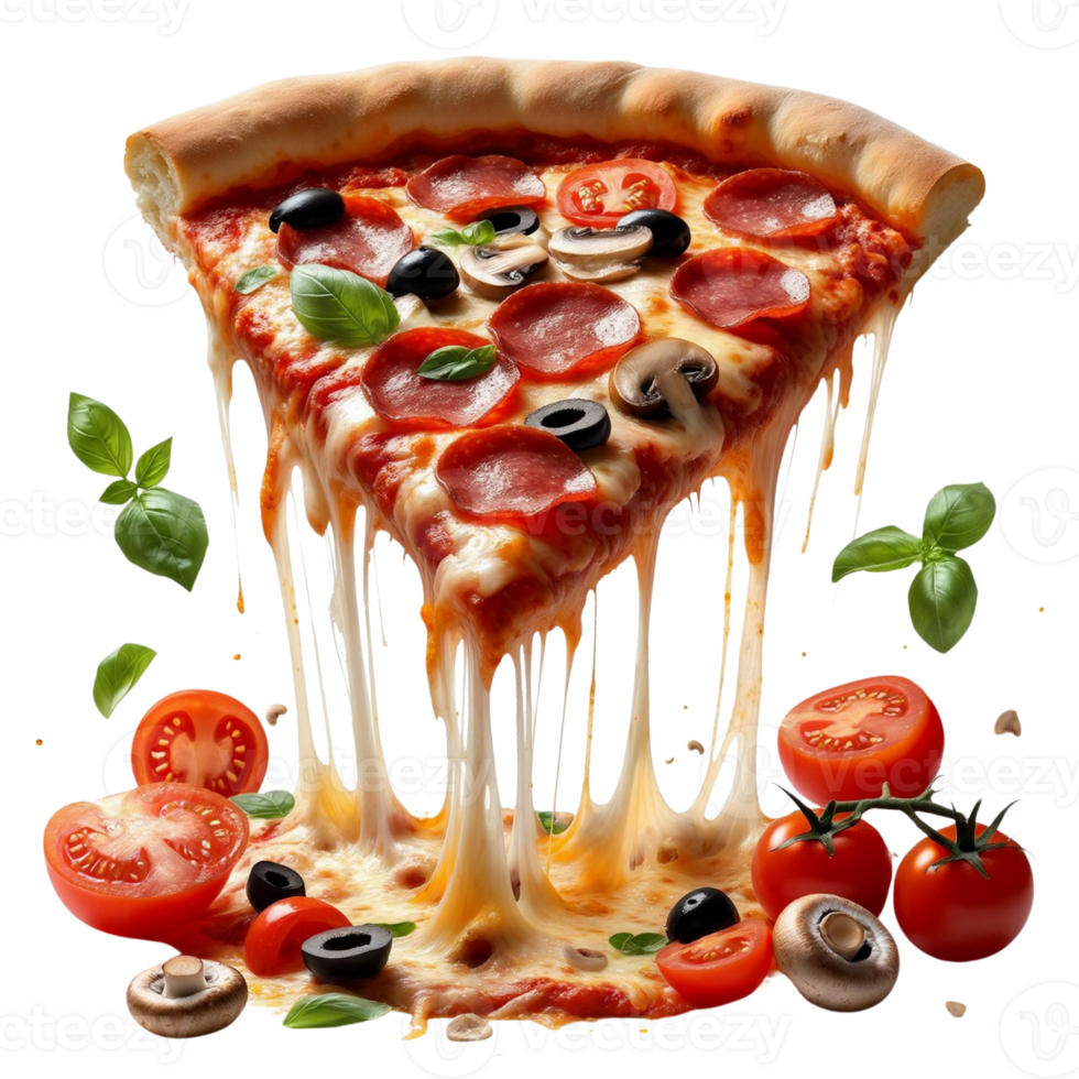 Delicious pepperoni pizza slice with melting cheese isolated on transparent background png