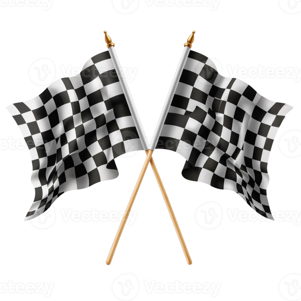 Two crossed checkered flags waving isolated on transparent background png