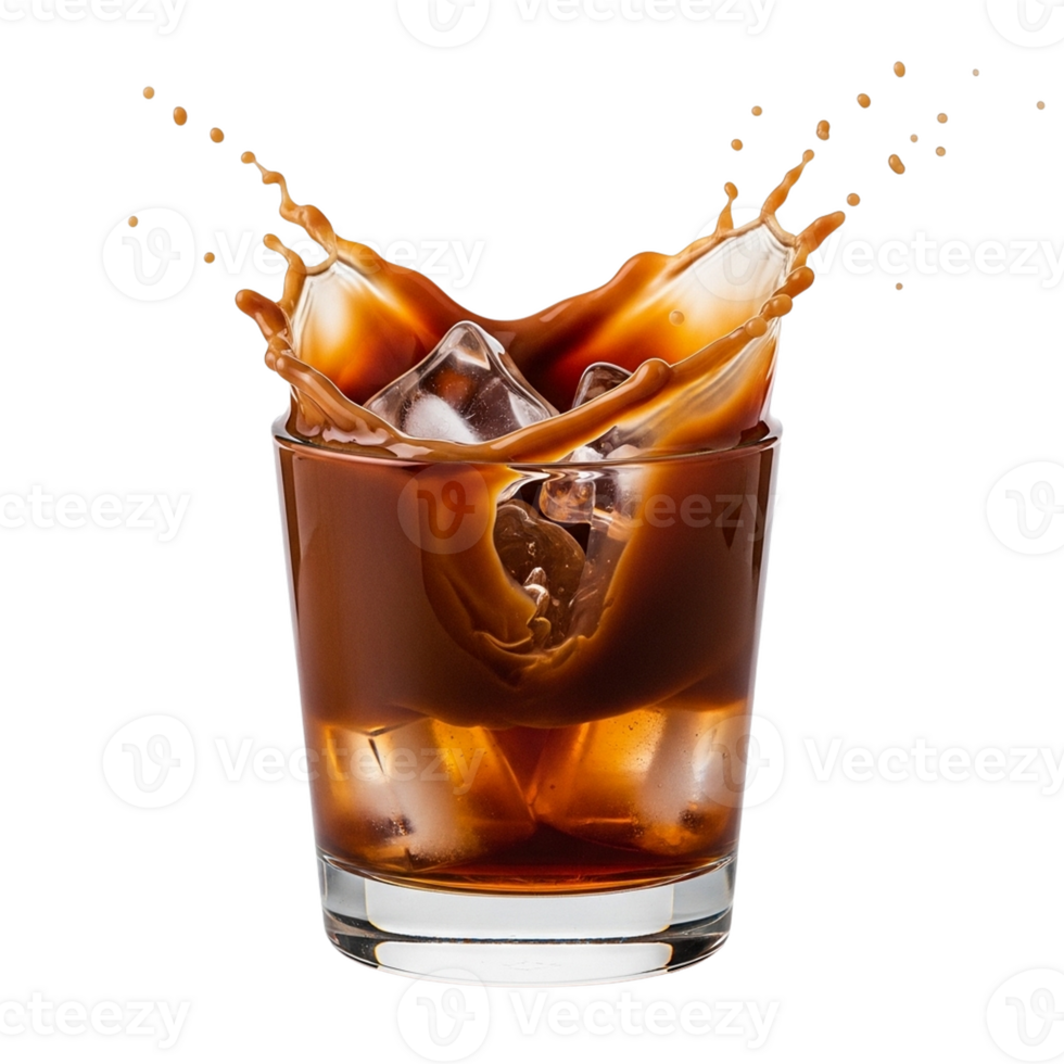 Dynamic coffee splash with ice cubes in a glass isolated on transparent background png